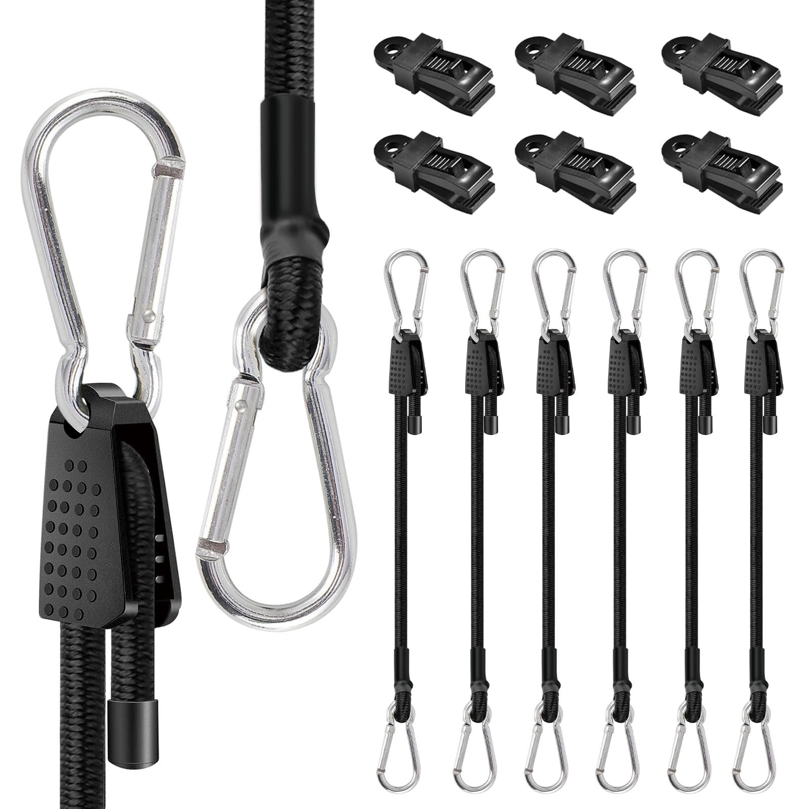 KMFYMPT Bungee Cords with Carabiner Clips, 6 Pcs 100 cm Adjustable Black Bungee Cords, Heavy Duty Bungee Straps, with 6 Tarpaulin Clips for Trunks, Camping Gear, Tarps, Trailers, DIY, Garden Furniture