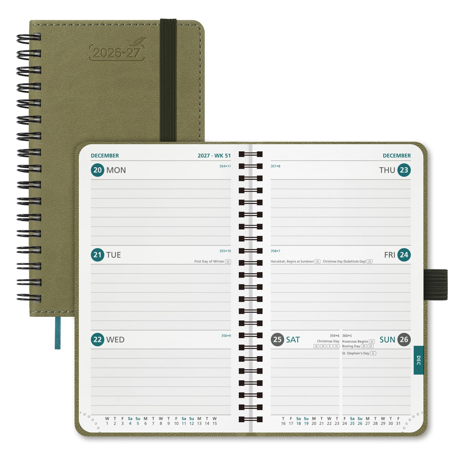 BEZEND Pocket Diary 2026-2027 Week to View (Jul 26 - Dec 27) Spiral, A6 15.5 x 9 cm. Small Academic Planner with Pen Holder & Inner Pocket, for Home School Office. PU Leather Softcover, Kiwi