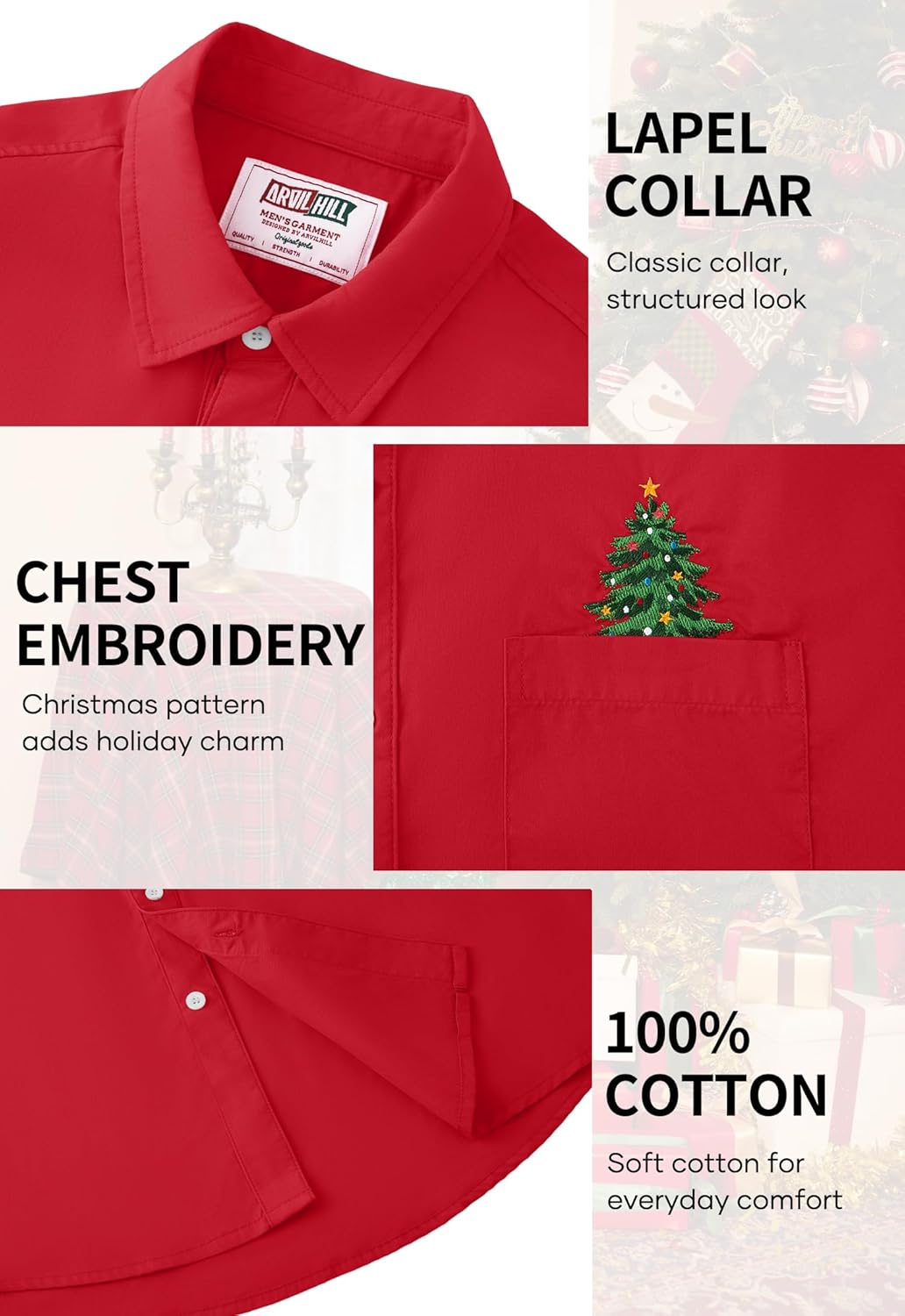 Arvilhill Men's Christmas Embroidered Button Shirt Xmas Dress Shirts with Chest Pocket (S-3XL) - Image 6