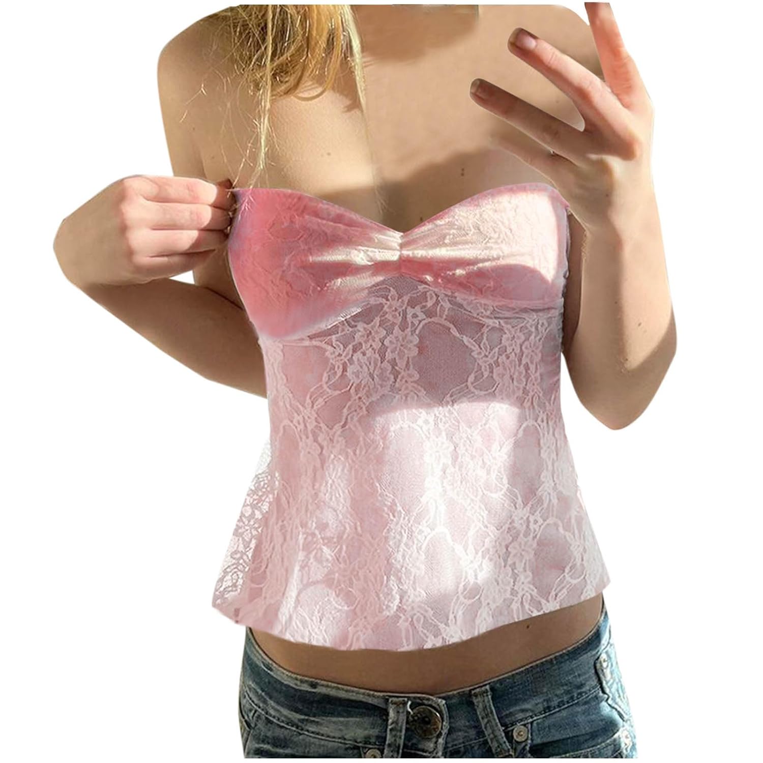 Tube Tops Women 2024 Lace Bandeau Tank Top Crop Camisole Sleeveless V Neck Cami Top Vintage Y2k Slim