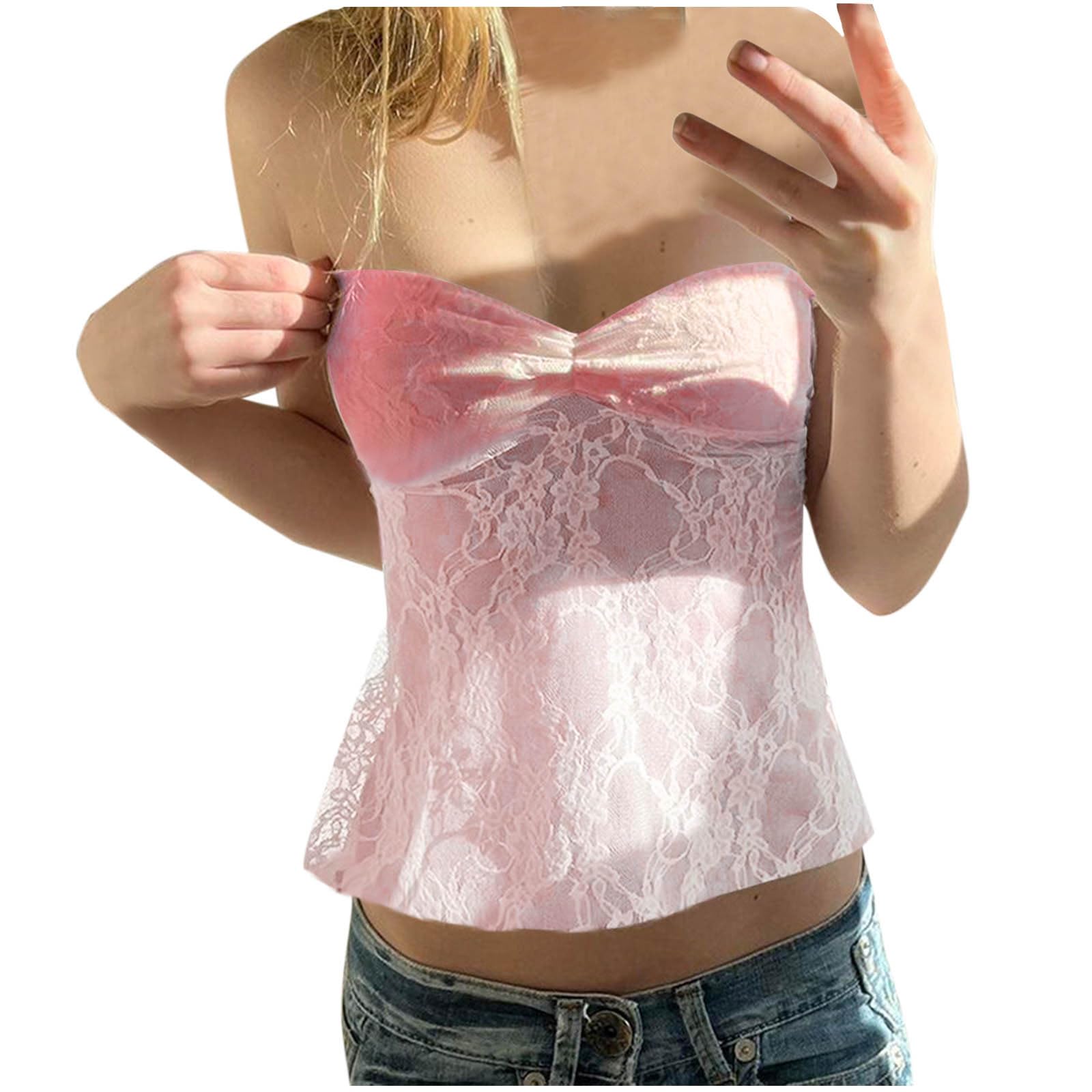Tube Tops Women 2024 Lace Bandeau Tank Top Crop Camisole Sleeveless V Neck Cami Top Vintage Y2k Slim