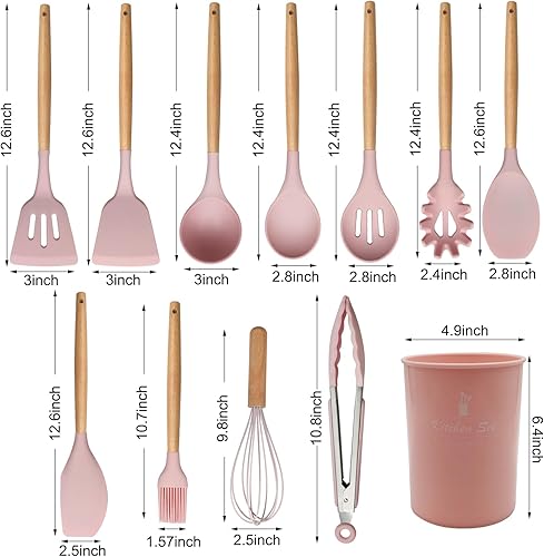 Miniatura 4 de Ismosm Juego de 12 utensilios de cocina de silicona con asas de madera maciza y un cubo de soporte (gris oscuro)