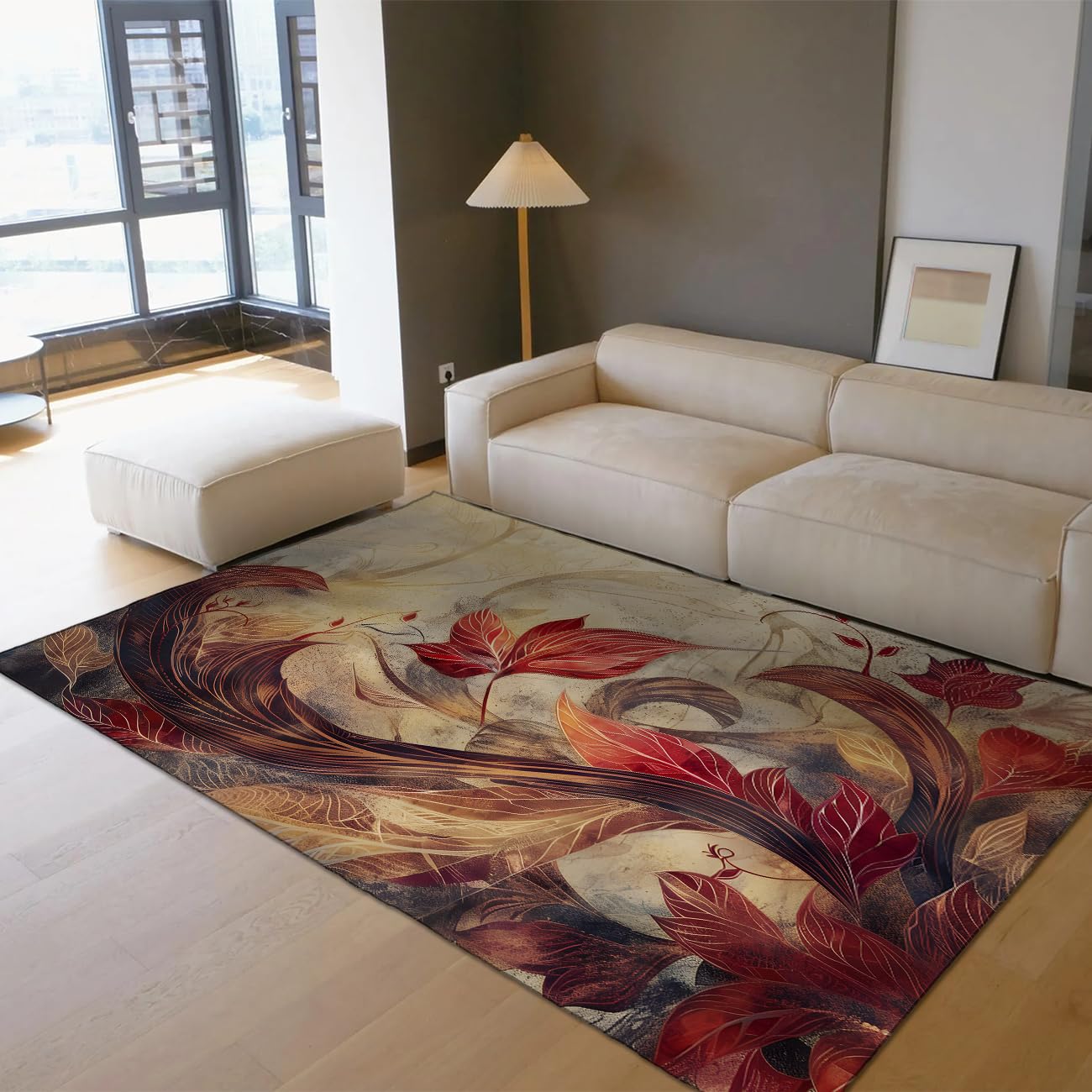 Tapis chambre 140x200 antidérapant salon imprimé botanique abstrait rouge brun bohème