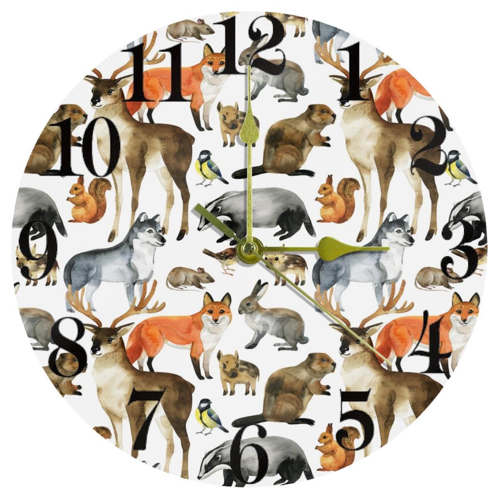 Horloge murale ronde silencieuse animaux de la forêt pour chambre enfant