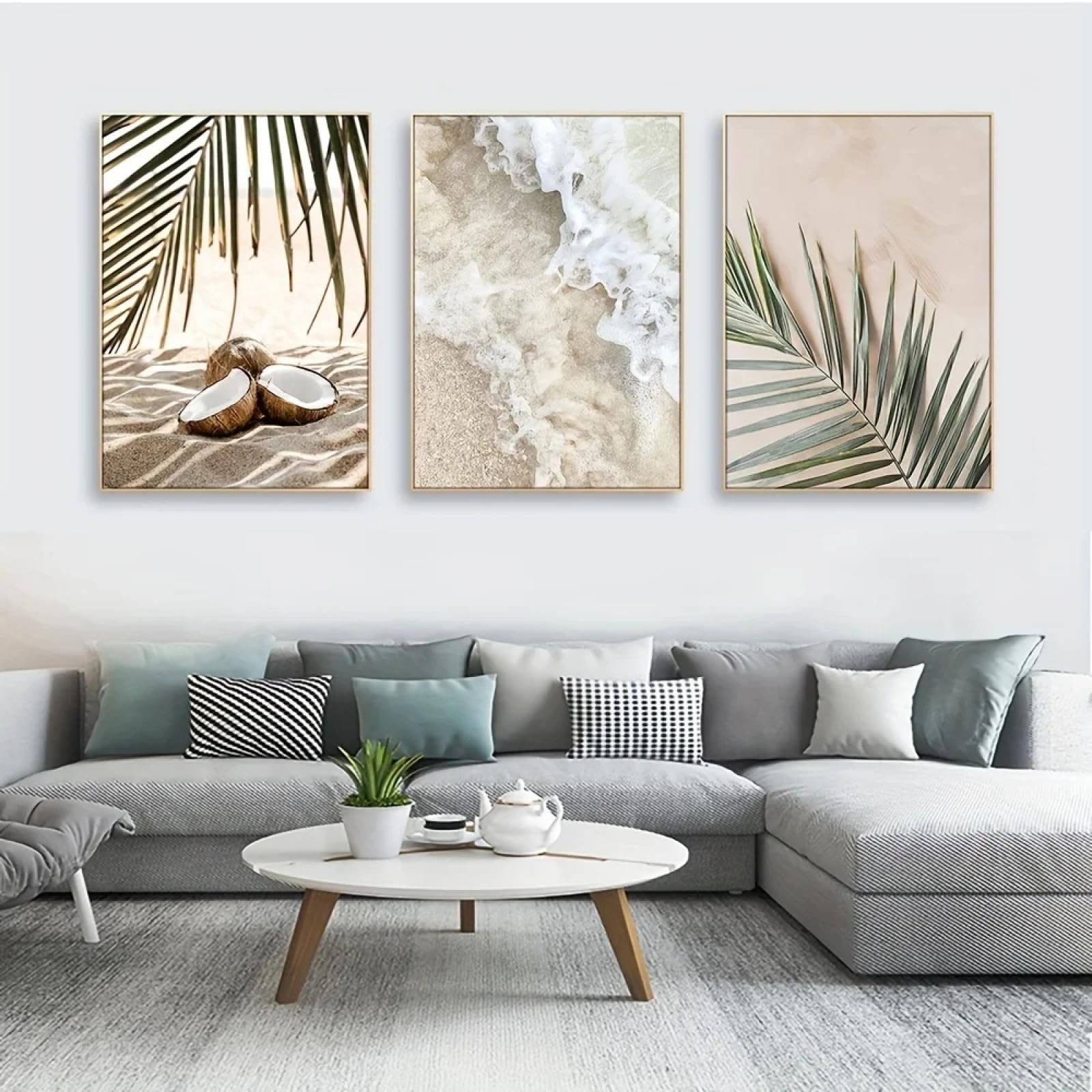 JACBON Wall Art Seascape Poster White Waves Beach Palm Leaves Coconut Canvas Painting Landscape Picture Decor for Home 30x40cmX3 Frameless