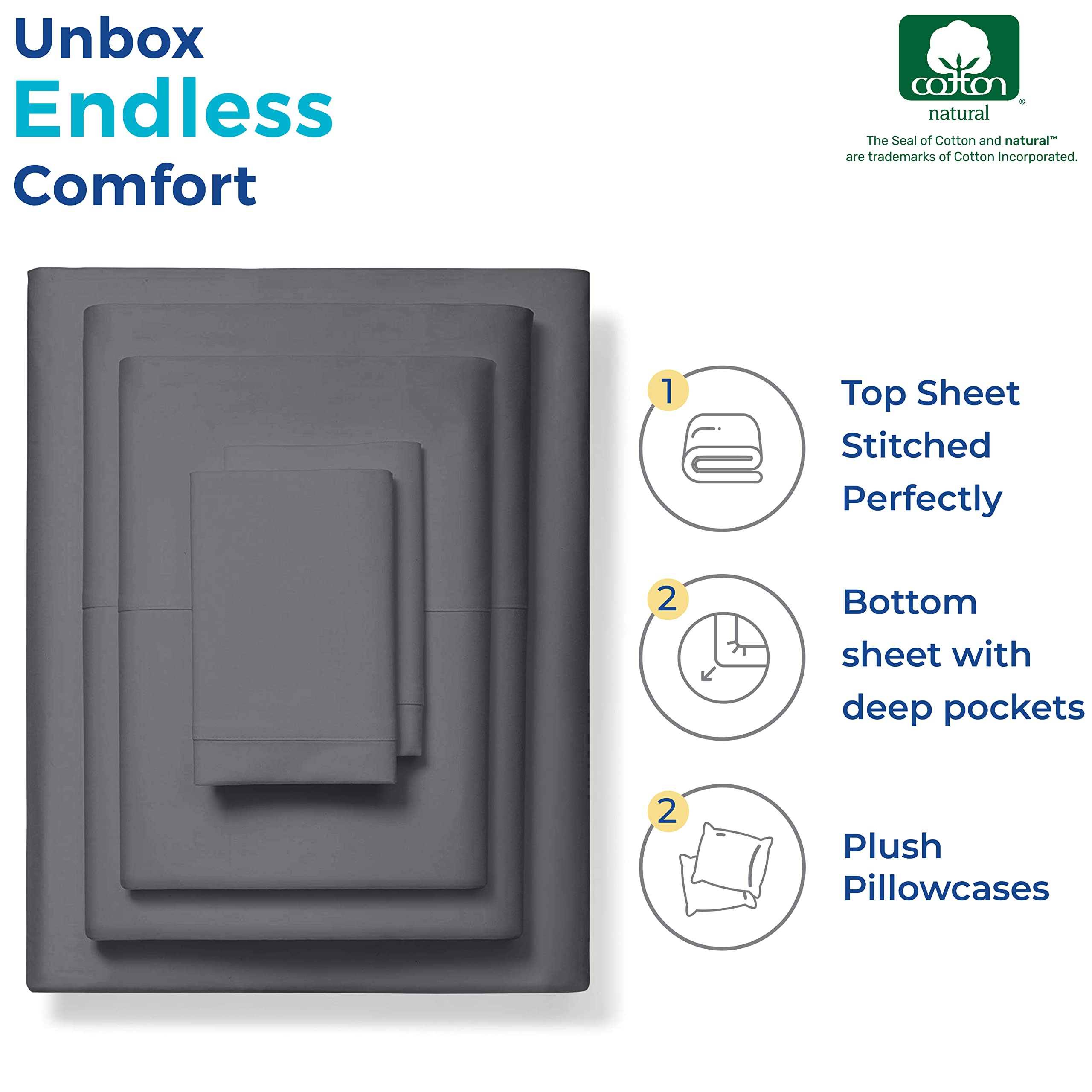 Pure Split King Size Cotton Bed Sheets Set (King Split,1000 Thread Count) Dark Grey Bedding Pillow Cases (5 Pc) Egyptian Cotton Sheets Split King Size Bed-Sateen Sheets-16 in Deep Pocket