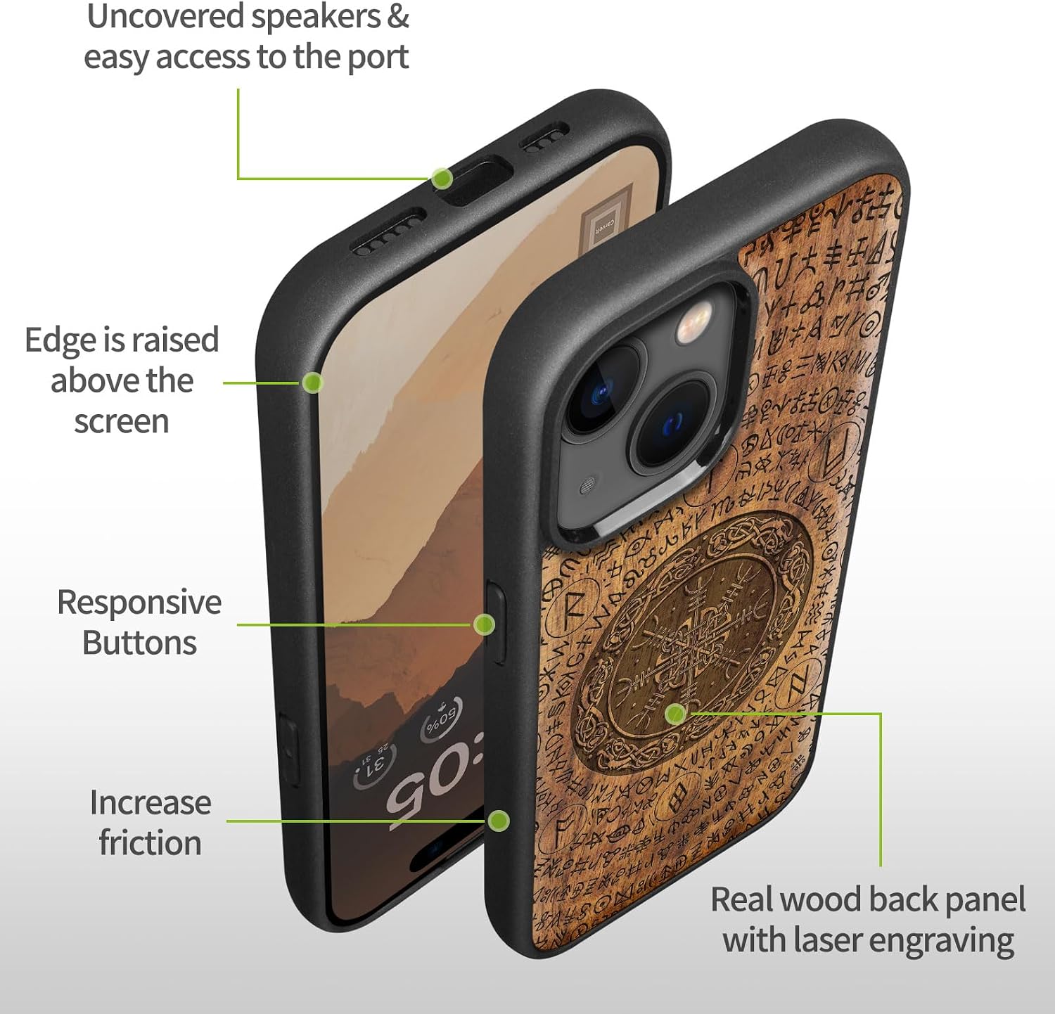 Carveit Magnetic Wooden Case for iPhone 15 Case, Compatible with MagSafe Wireless Chargers, Black Soft TPU Shockproof Cover & Wood Artisan Engraved (Viking Symbol) - Walnut