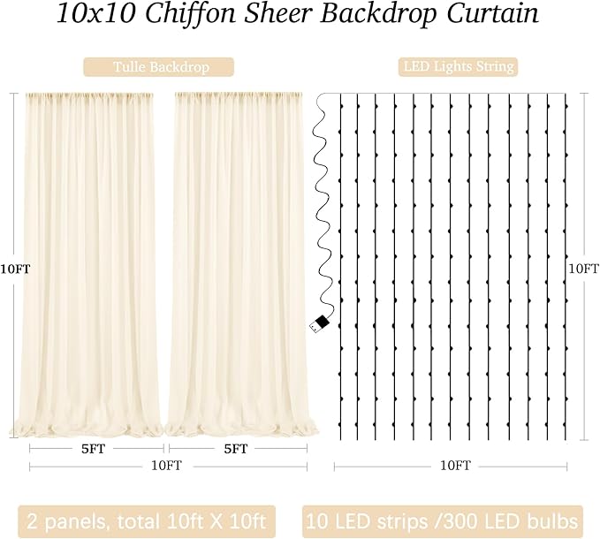 Cortina de Fondo Chiffon Marfil 10x10 pies con Luces miniatura 2