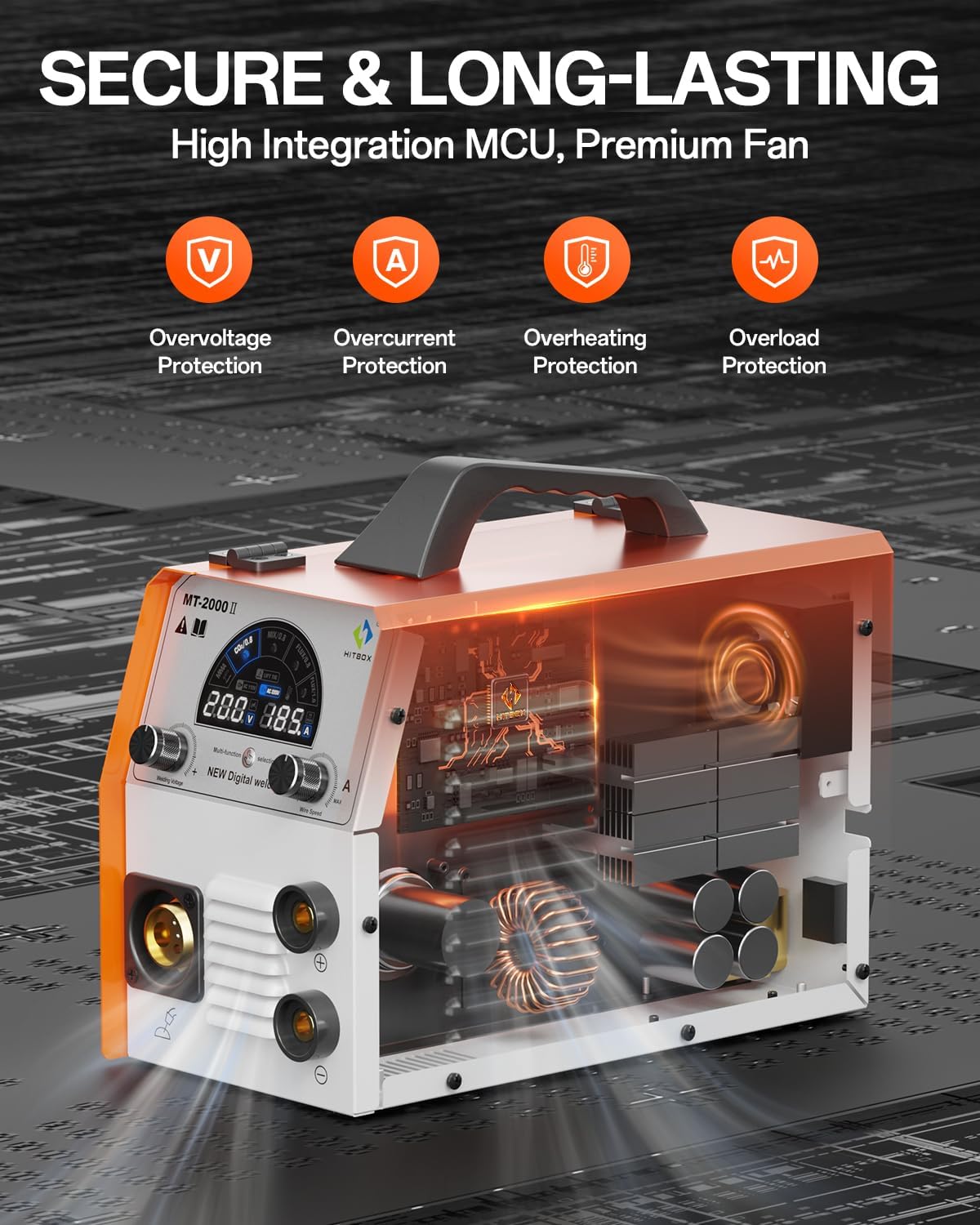 Internal components of the welder with icons for various protection features