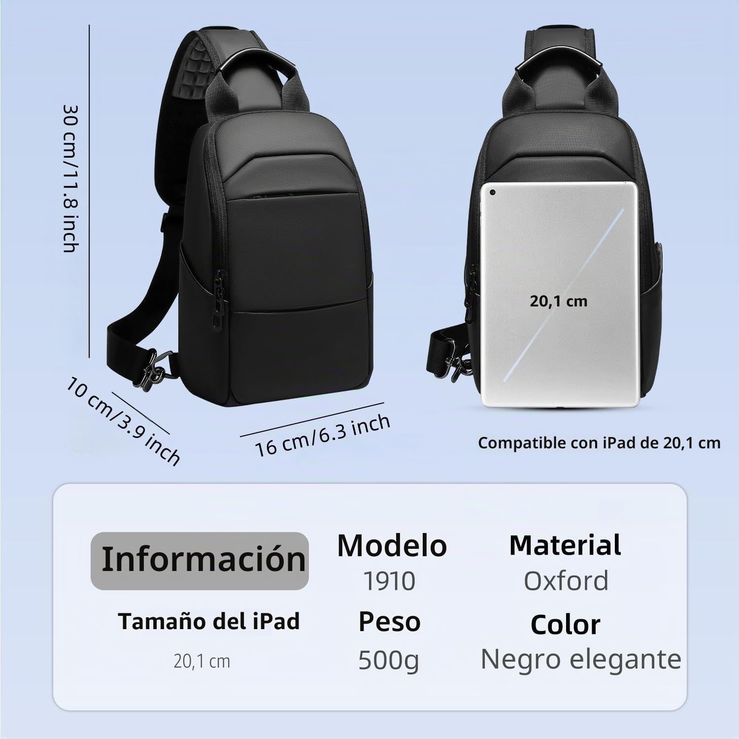 Bolso Bandolera Hombre Bolso Pecho Impermeable Bolso Cruzado Mochila Bandolera para Vida Diaria Ciclismo Caminar Viajar y Trabajar-Negro