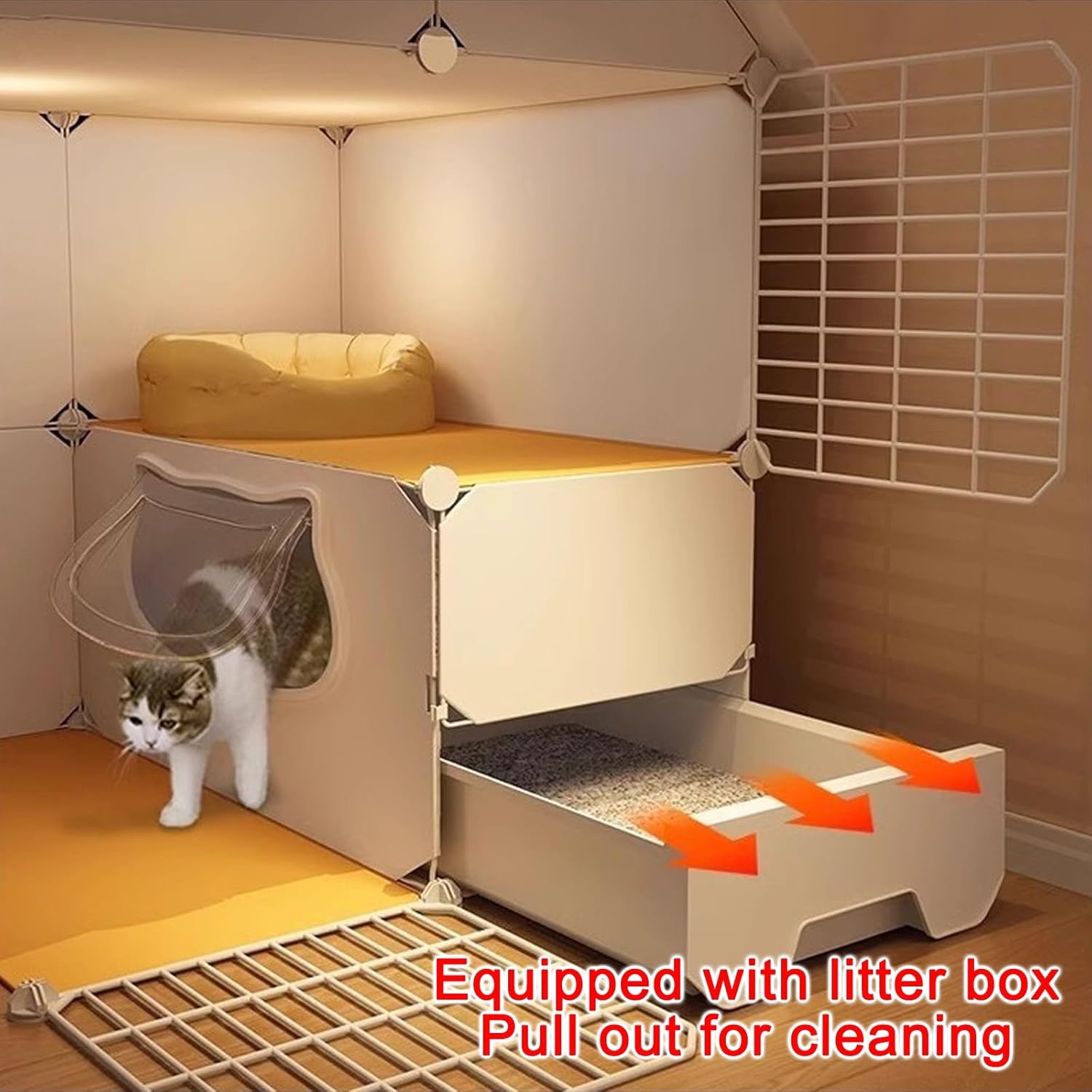 s Indoor Multi-Story Cat Enclosure Large Cat Patio Triangular Roof Detachable Cage for Cats with Drawer Toilet Play Area for 1-3Cat Small Animals Chinchilla Rabbit(White,73 * 73 * 106c