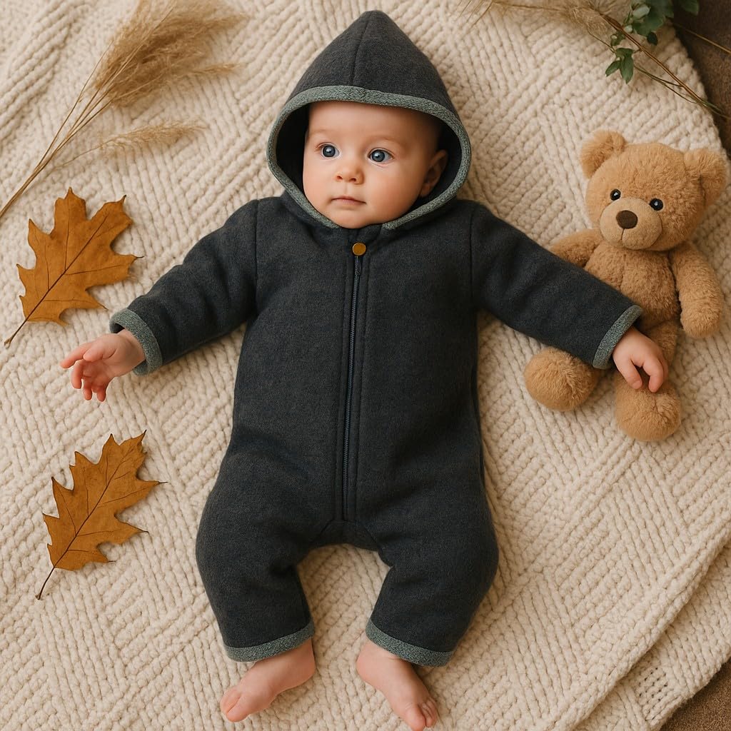 Lilakind“ Baby Wollfleece Overall Wolle Einteiler mit Kapuze Walkloden Walkoverall Kuschelweich Dunkelgrau Gr. 62/68 - Made in Germany