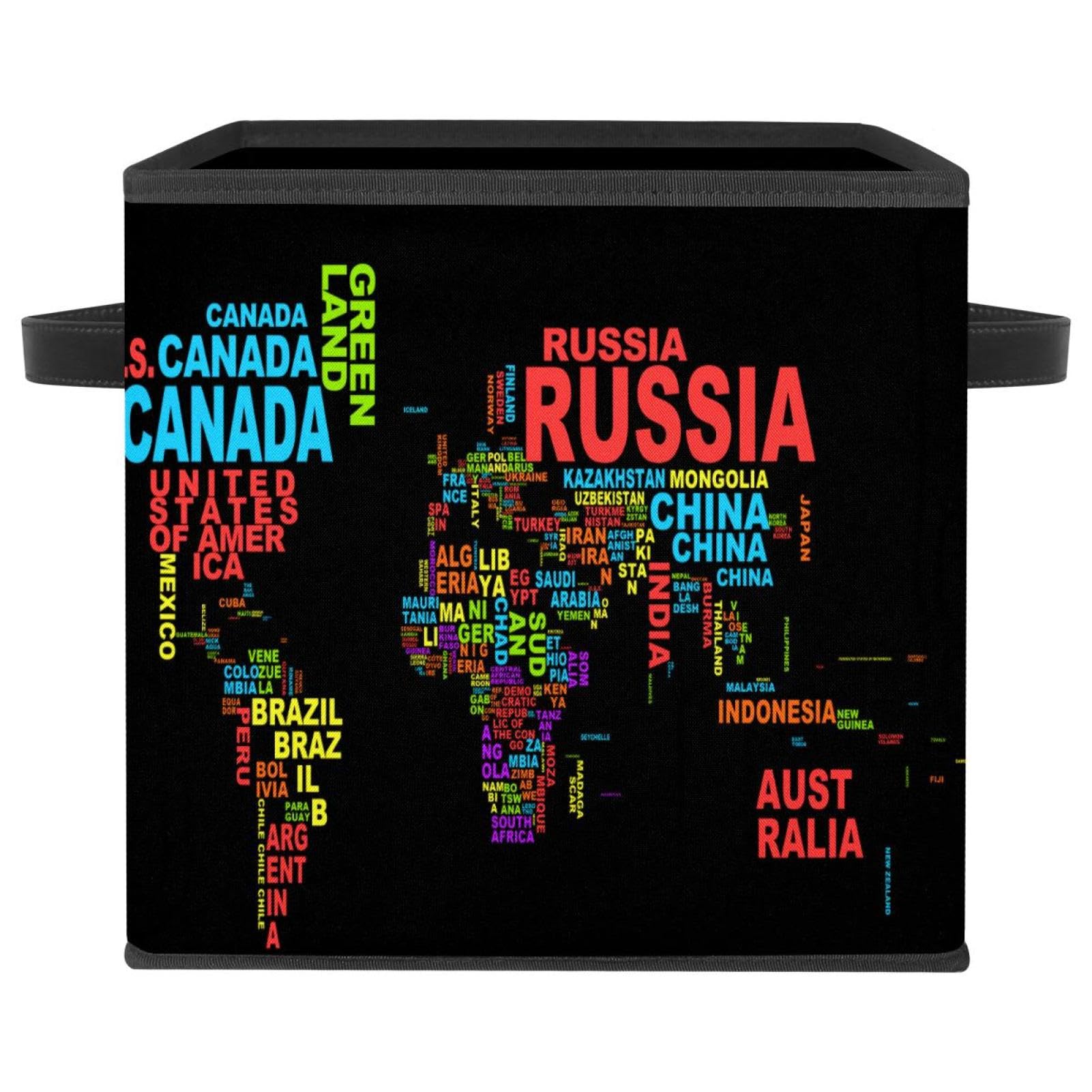 Boîte de rangement pliable avec poignées et motif carte du monde noire