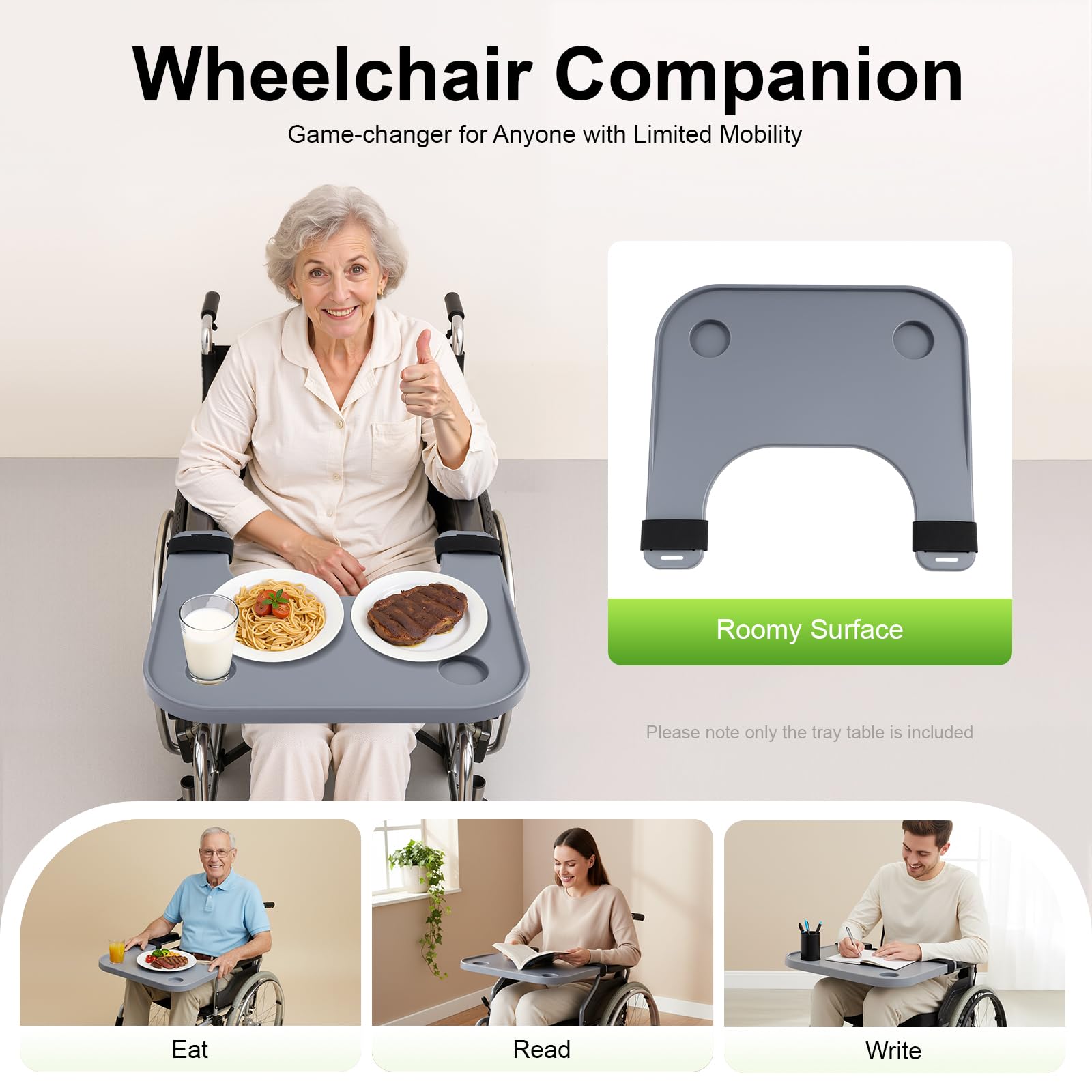 Bandeja para silla de ruedas de ABS con 2 soportes para bebidas, bandeja portátil para discapacitados para leer, descansar, comer, 52 x 58 cm, adecuada para sillas de ruedas de 16-20 pulgadas