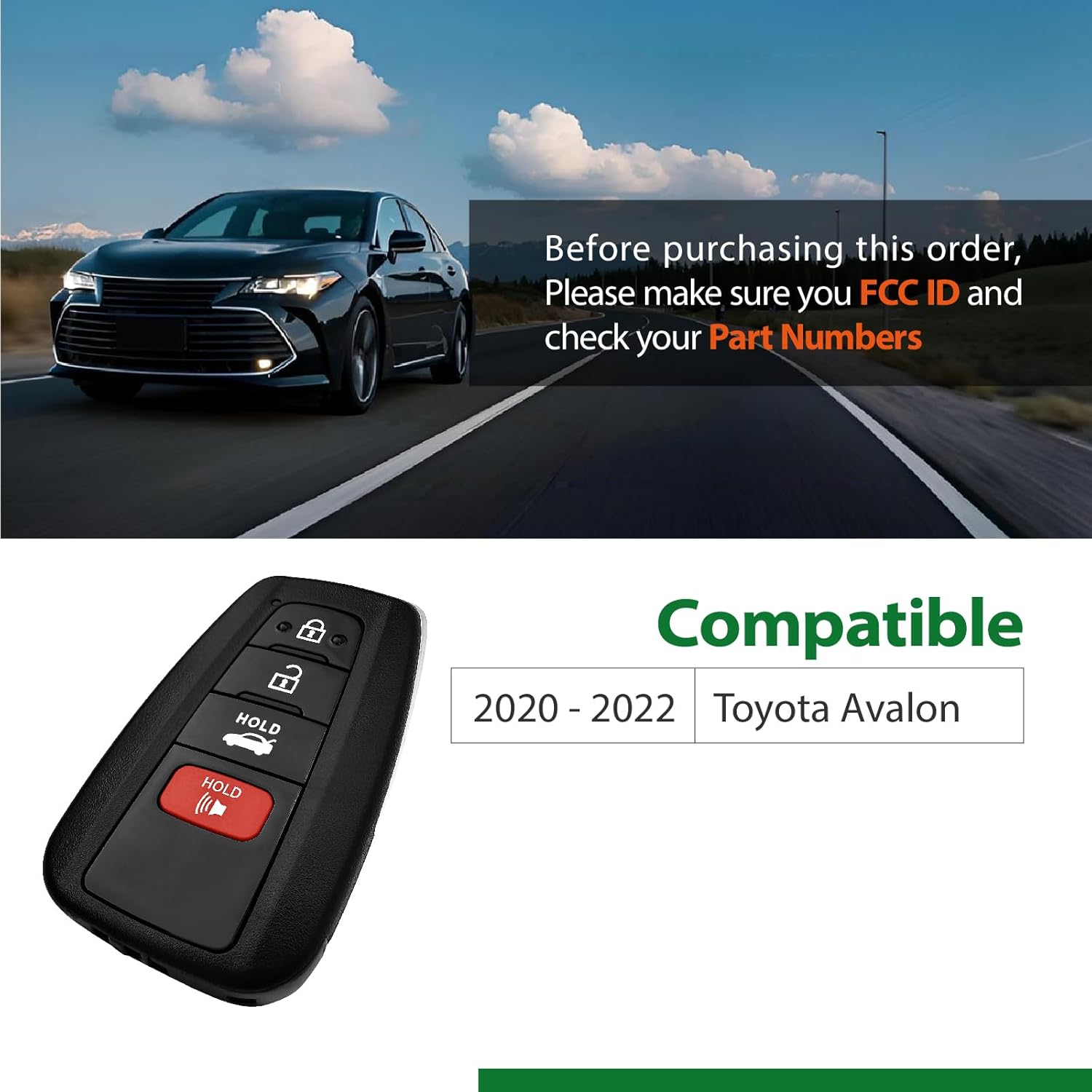 Replacement for 2020 2021 2022 Smart Proximity Toyota Avalon GNE 231451-0351 Board Key Fob HYQ14FBC 315MHz 4 Buttons