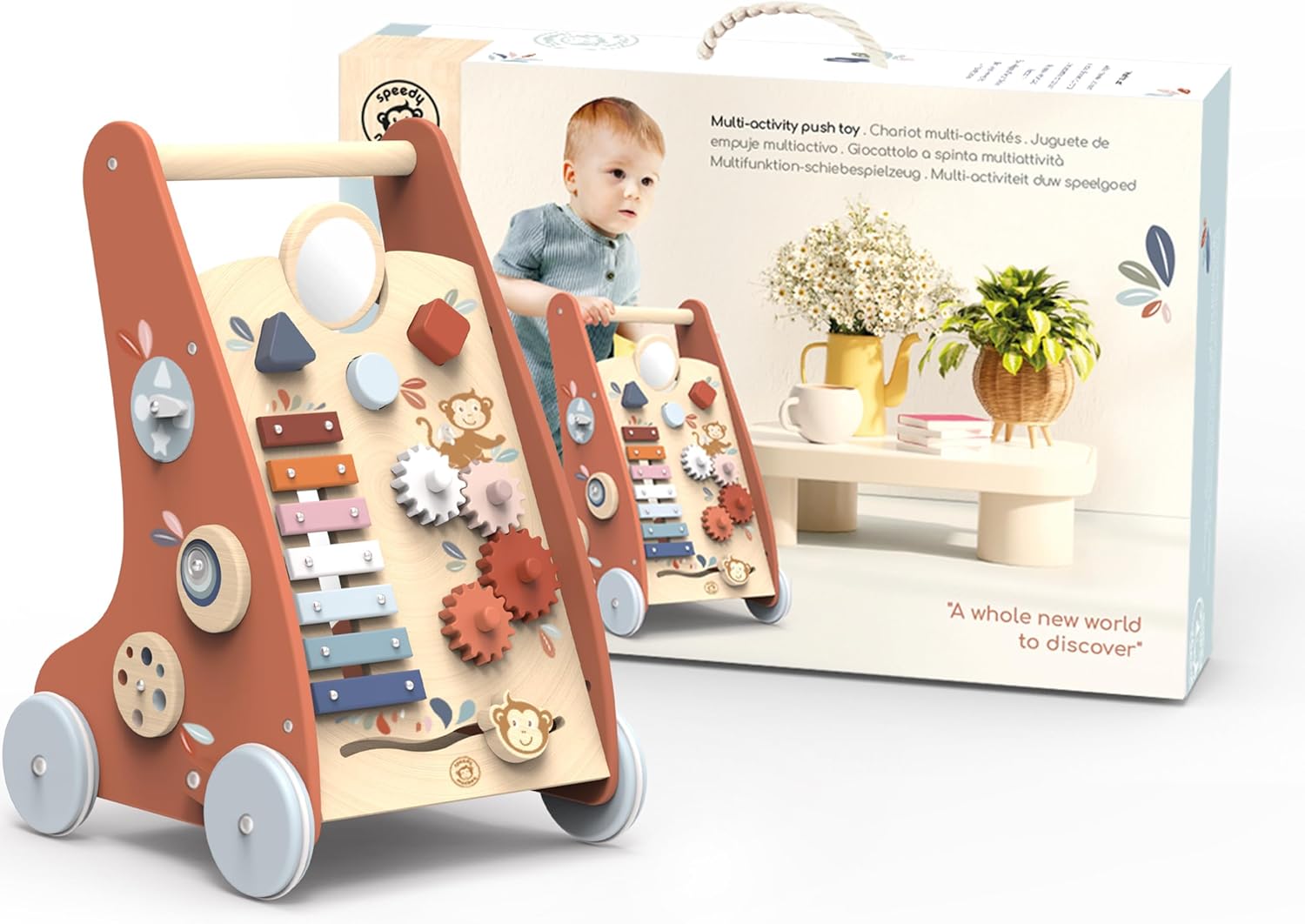 SPEEDY MONKEY Multi-Activity Wooden Baby Walker | 9-in-1 Toddler Toy Includes Shape Sorter, Bead Maze, Xylophone, Blocks & More | Learning Toy for Fine Motor Skill, Early Development & Balance