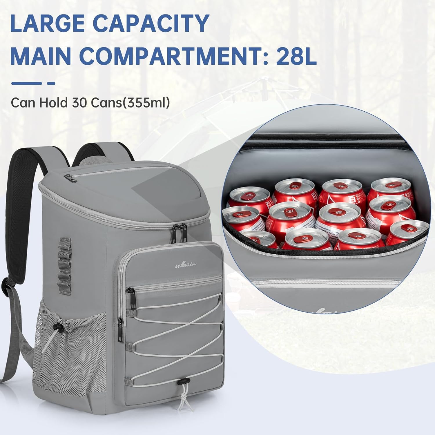 28L Kühlrucksack, auslaufsicherer Picknick-Kühlrucksack für 30 Dosen Getränke (330 ml), cooler Rucksack für Camping, Picknick, Wandern, Grillen, Strand, Grau