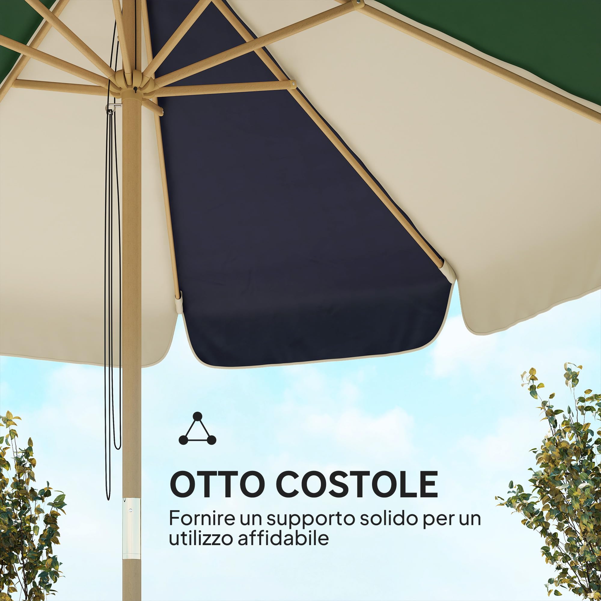 Outsunny Ombrellone da Giardino 8 Stecche UV 30+ Patio Verde Scuro e Crema | Telaio Effetto Legno, Tettuccio a Blocchi di Colore, Ombrellone da Esterno, Terrazzo, Balcone