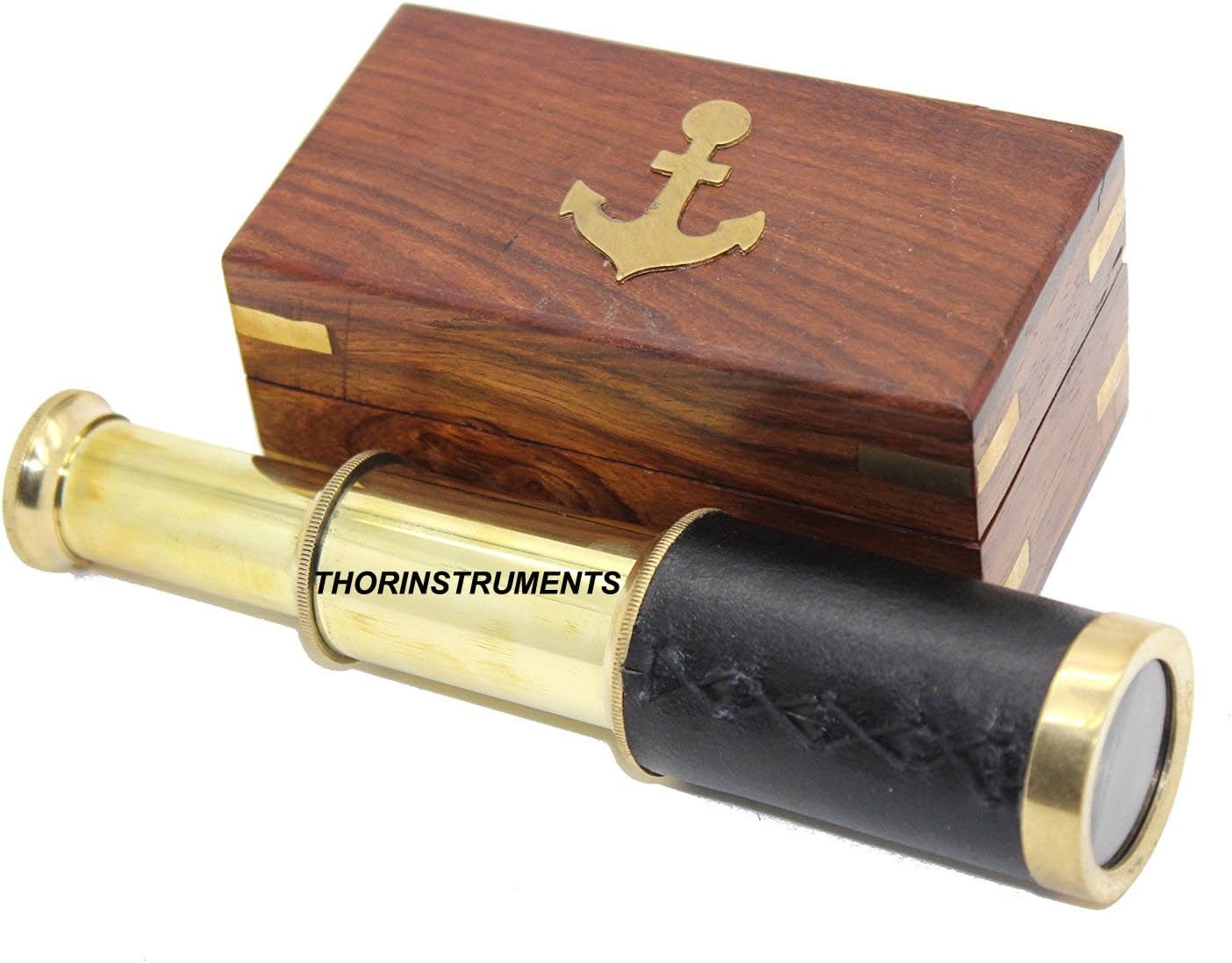Captains 6" Brass Handheld Mini Telescope Black Leather with Wooden Box Rustic Vintage Home Decor Gifts