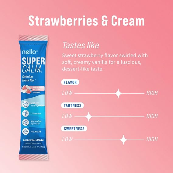 Nello Supercalm Powdered Drink Mix, Cortisol Reducer*, Sleep Aid Supplement, L Theanine, Ksm-66 Ashwagandha, Magnesium Glycinate, Vitamin D 3, No Sugar, Non GMO, 20 Ct, Strawberries & Cream