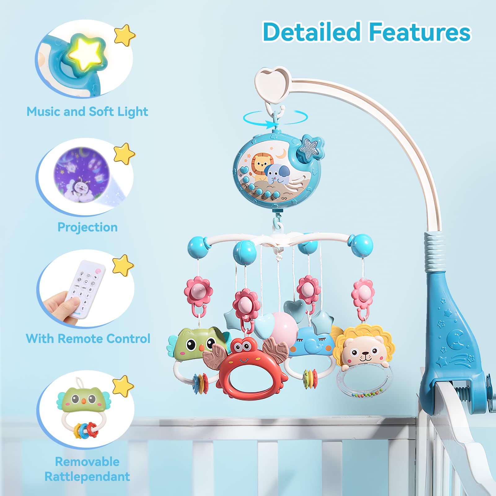Warmiehomy Baby Crib Mobile Hanging Rattle Toys Cot Mobiles for Babies 0-12 Months Baby Bell with Star Projection Timing Remote Control Musical Mobile with Lights Sleep Aid Gifts for Newborn - Image 2