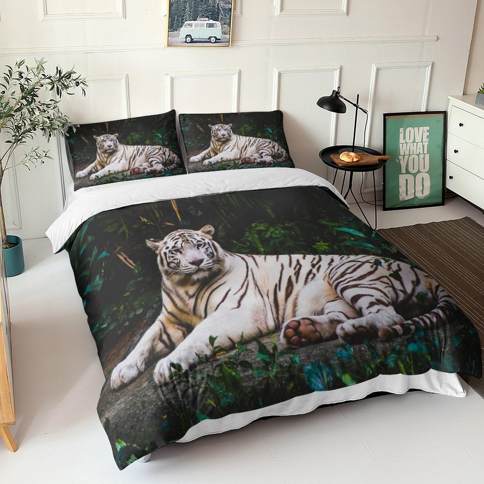Housse de couette White Tiger 3D pour chambre d'adulte ou d'adolescent passionné de nature sauvage