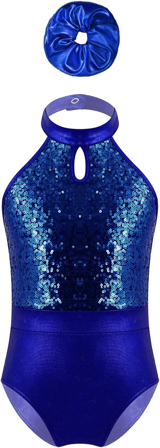 Gymnastics Leotard for Girls Sleeveless Sequin Dance Bodysuit Kids Sparkly Unitard with Metallic Hairband
