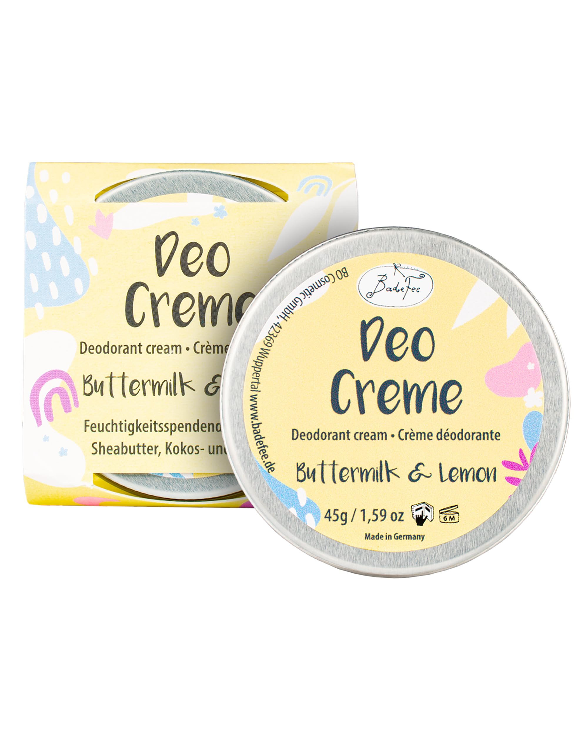 BadeFee Deodorant Cream Buttermilk & Lemon Vegan (50 ml) without Aluminium - with Shea Butter, Coconut & Almond Oil - Gentle Care & 24-Hour Protection Against Sweat Odour for Sensitive Armpits -