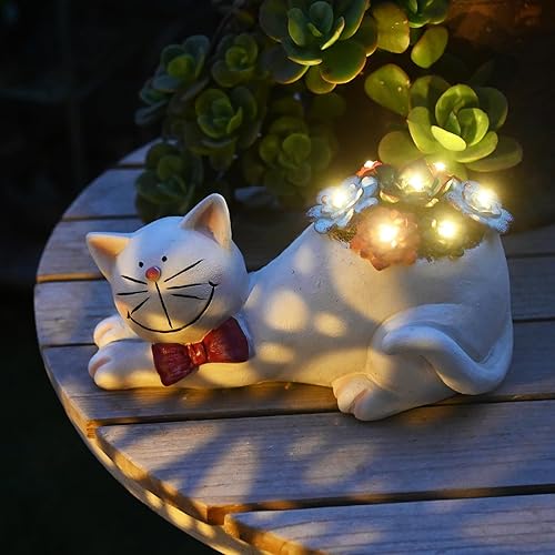 Miniatura 1 de Estatua de gato para decoración de jardín al aire libre con luz solar exterior, estatuilla de gato de resina impermeable para decoración de césped