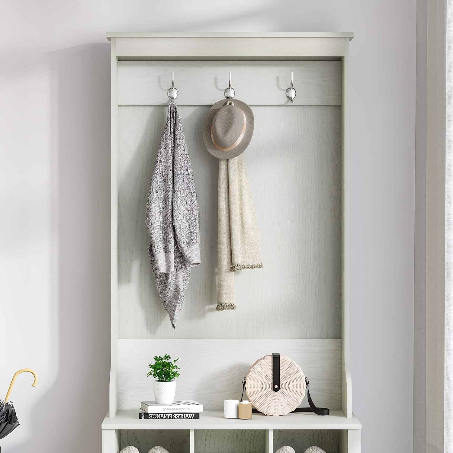 Itaar 68" Tall Hall Tree with Storage Bench, 3-in-1 Entryway Bench with Coat Rack, Shoe Storage, White Hall Tree with 3 Hooks and 9 Shoe Storage Cubes, Coat Rack Shoe Bench, White