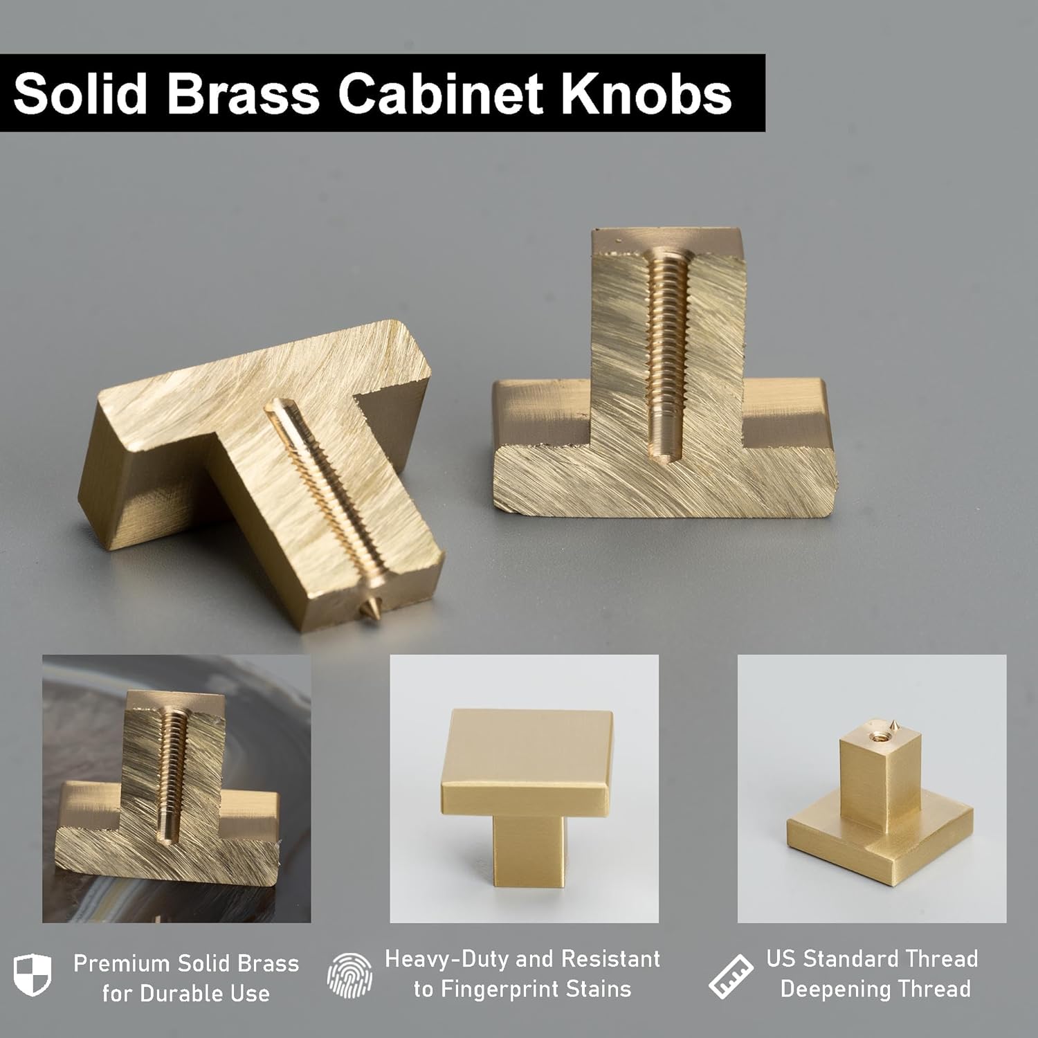 QOGRISUN Solid Brass Square Cabinet Knobs, Gold Drawer Pulls – 1-3/16 Inch (30 mm), 10-Pack, Brushed Brass Finish for Kitchen Cabinets, Bathroom Vanity, Dresser, Closet Doors