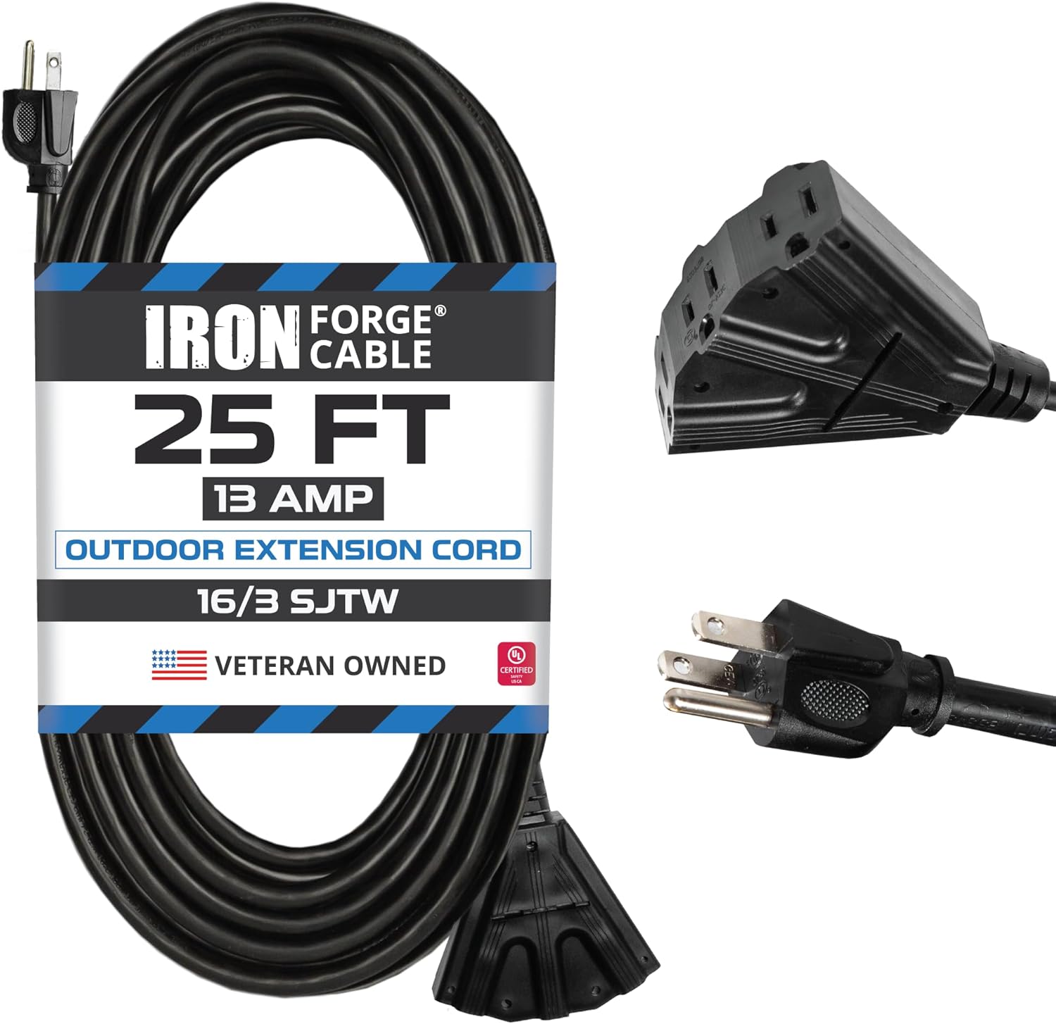 Iron Forge Cable 16 Gauge 3 Outlet Outdoor Extension Cord 25 ft & 15 ft Flat Cable Indoor Extension Cord with Foot Switch 3 Outlet, 16/2 Black 2 Prong, 13 Amp UL Certified