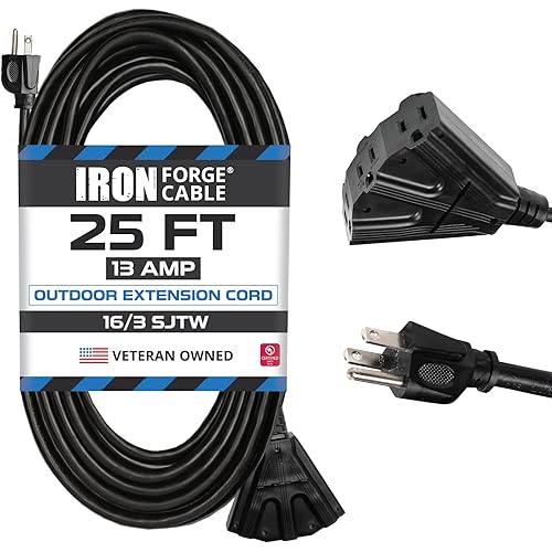 Iron Forge Cable 3 OutletOutdoor Extension Cord 25 ft, 16/3 SJTW Black Extension Cord with Multiple Outlets 3 Prong, 13 Amp Exterior Power Cable for Outdoor Lights, Lawn & Landscaping