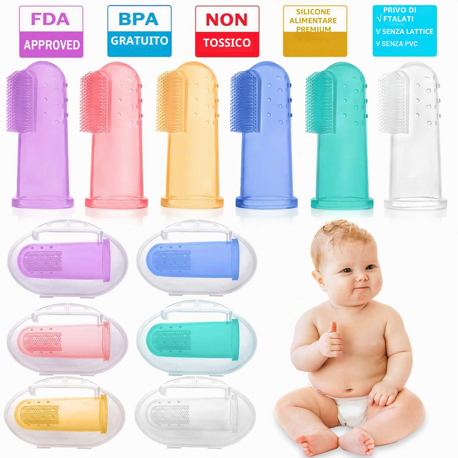 HBselect 6 Pezzi di Spazzolino Bambini da Dito Multicolore con Scatola Spazzolino Denti in Silicone Sicuro e Morbido Pulizia Denti Neonati