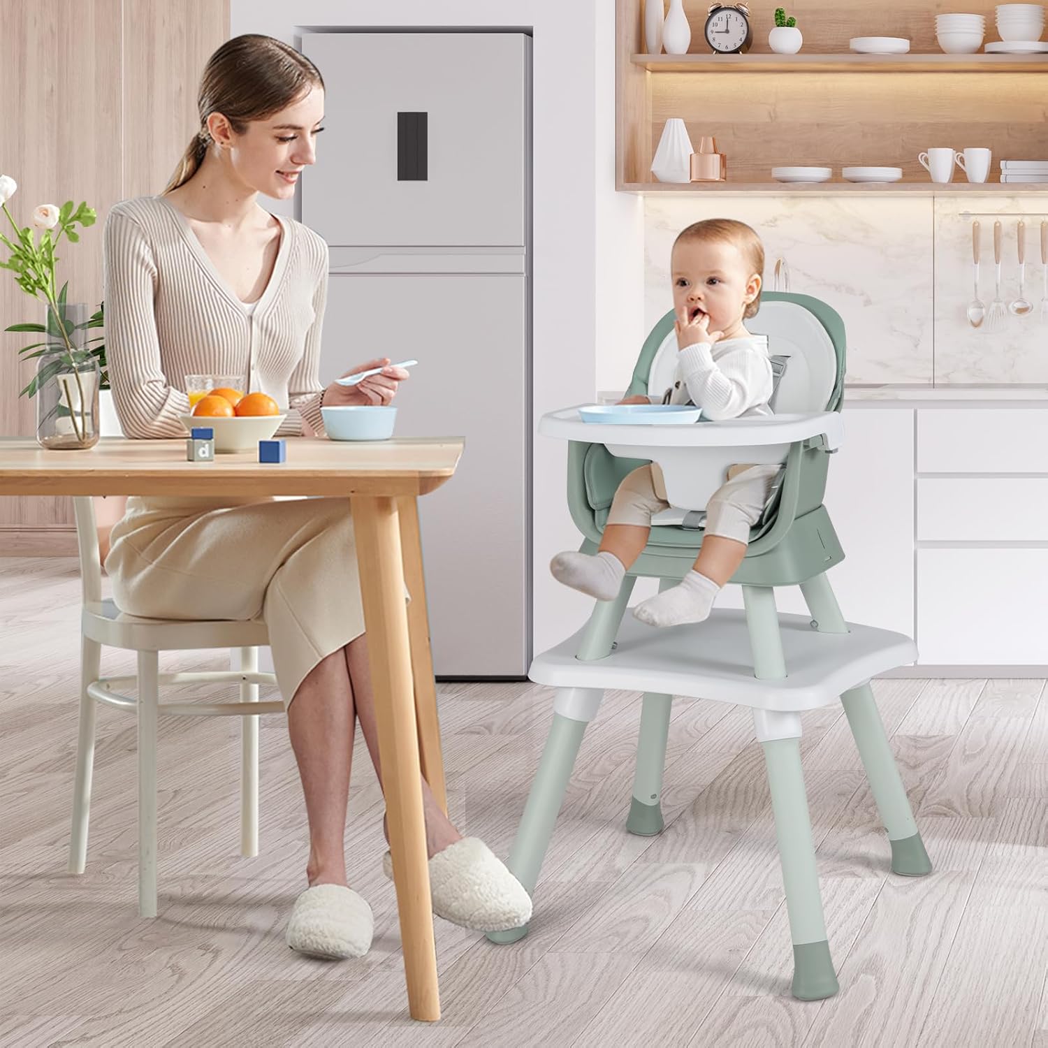 HONEY JOY 8 in 1 Baby High Chair, Convertible Highchair for Babies and Toddlers/Table and Chair Set/Building Block Table/Booster Seat/Stool/Toddler Chair with Safety Harness (Green) image 2 of 9 B0FHW4QMLB