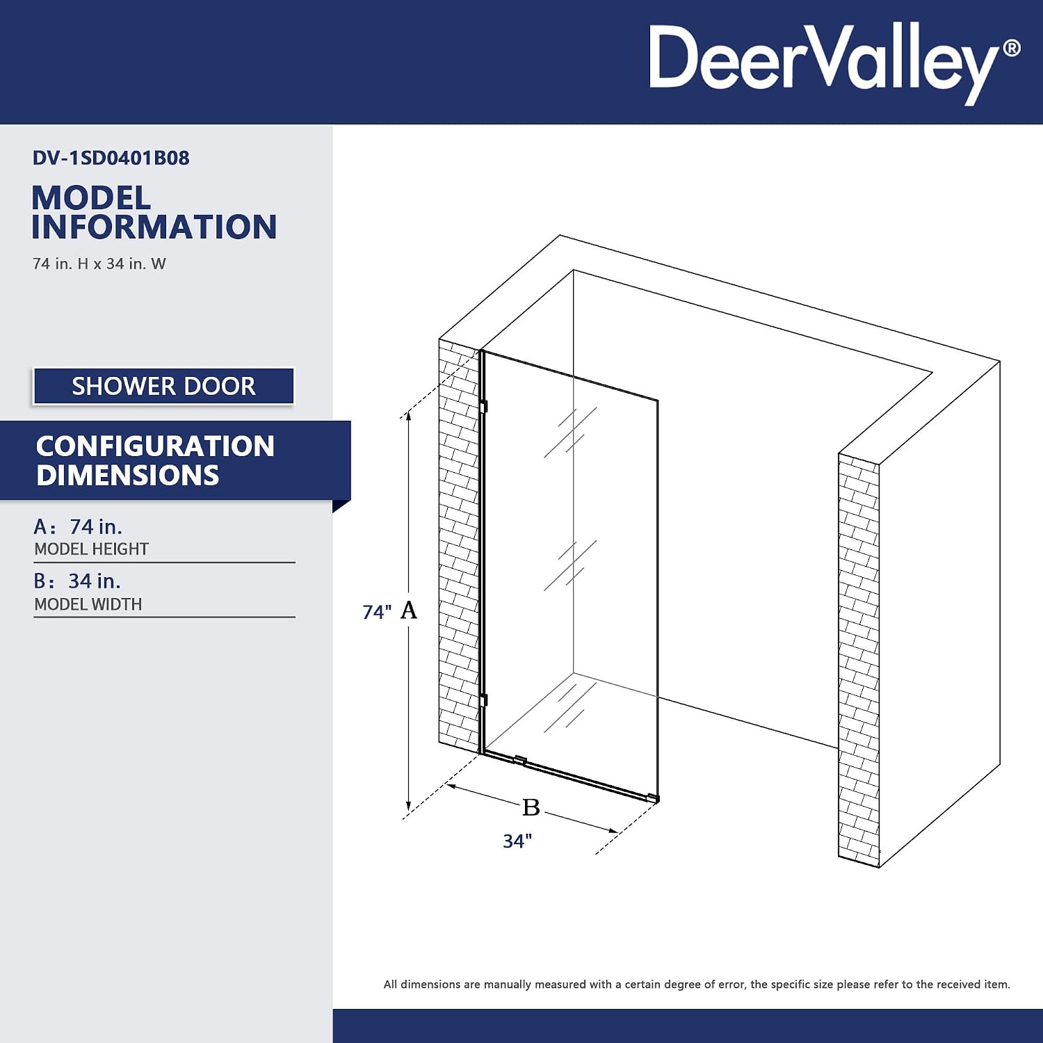 DeerValley 34"×74" Shower Glass Panel, 5/16'' (8mm) Thick Fixed Glass Shower Panel, Frameless Shower Screen for Walk in Shower, Tempered Glass Half Door with Stainless Steel Clamps (Black)