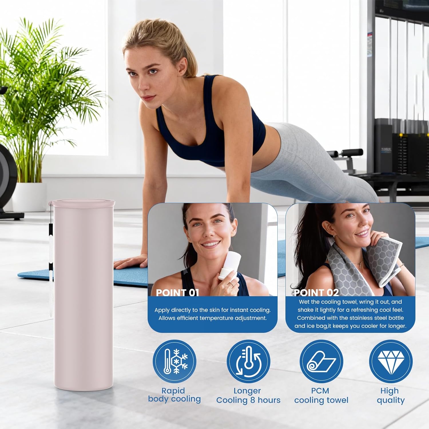 COOLING STATION 3-in-1 Portable Kit: Insulated Stainless Steel Bottle with Reusable Ice Bag & Cooling Towel. Long-Lasting Cold Relief for Daily Commute, Gym, Sports & Outdoor Travel. (pink)