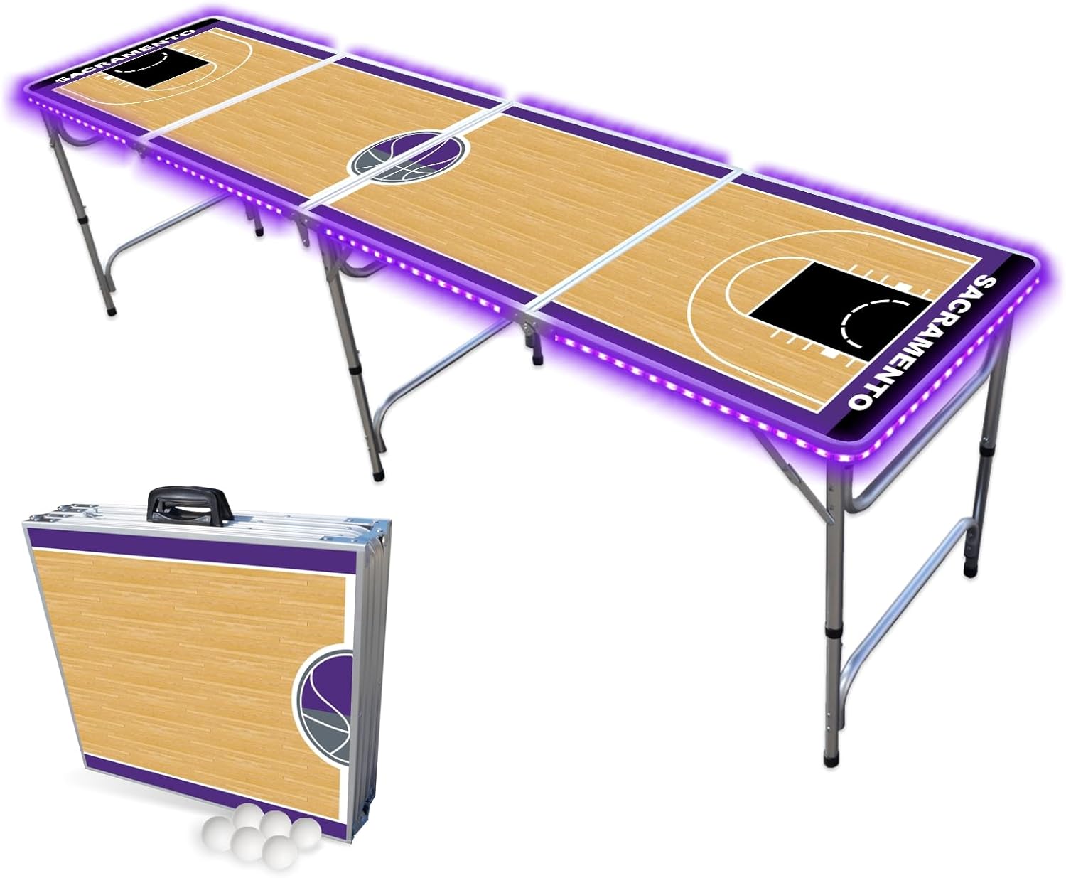 8-Foot Folding Portable Pong Table w/Optional Cup Holes & LED Lights - Sacramento Basketball Court (Choose Your Model)