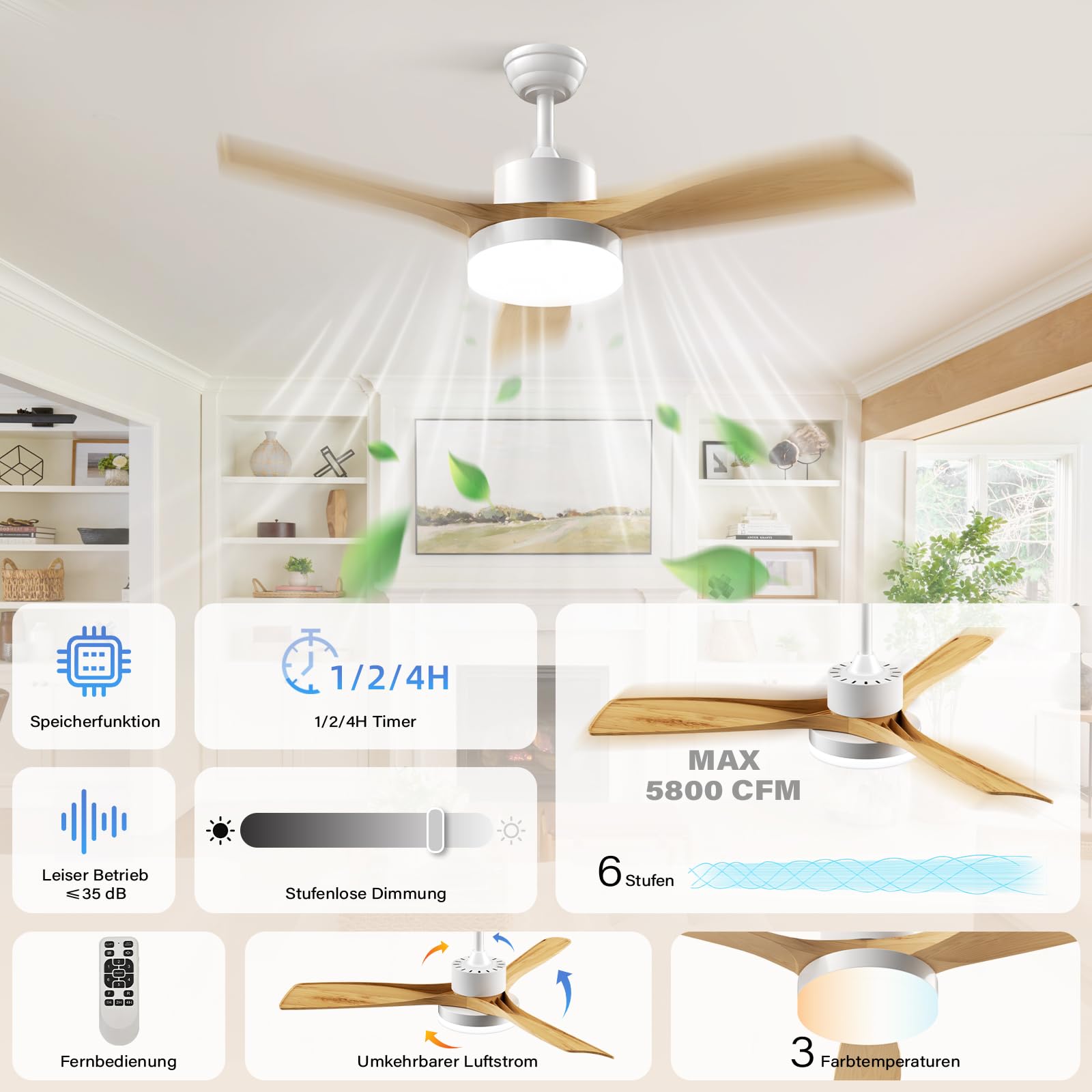 EppieBasic Ventilateur de Plafond avec Lumière LED 3000LM 132cm Moteur DC Silencieux Télécommande 6 Vitesses 3 Pales Bois Design Moderne