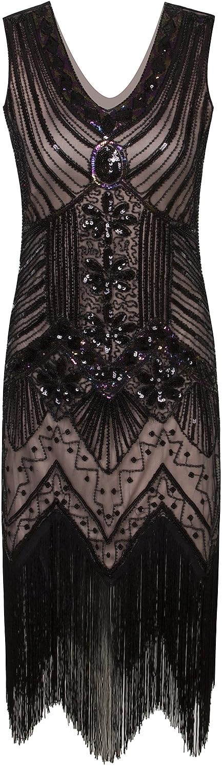Vijiv Women 1920s Gastby Sequin Art Nouveau Embellished Fringed Flapper Dress - Image 2