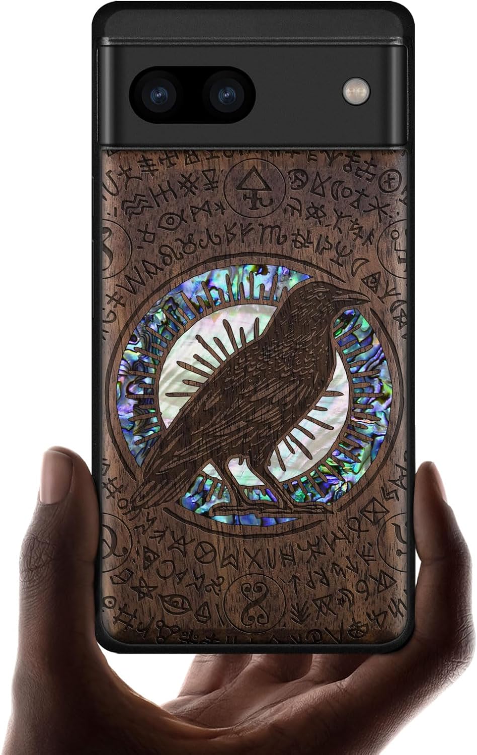 Carveit Designer Wooden Case for Google Pixel 8a Case Cover [Wood Engraving & Shell Inlay] Compatible with Wireless Chargers Pixel 8a (Haloed Crow-Walnut)