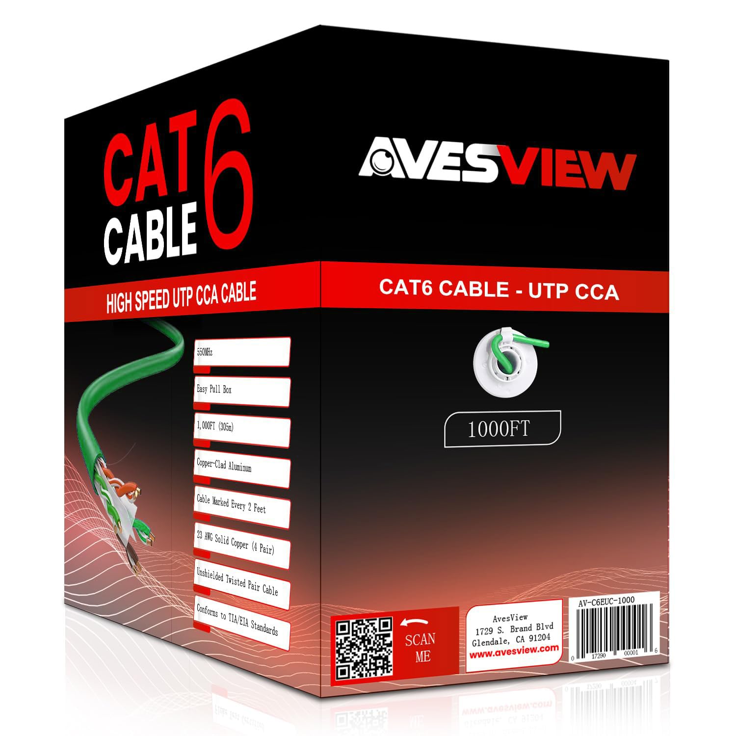 Cavo Ethernet CAT 6 da 304,8 m per interni, facile da tirare, 10 Gbps, di alta qualità, ad alta velocità, cavo CAT6 da 304,8 m, in alluminio rivestito in rame non schermato, (CCA) 23 AWG, 550