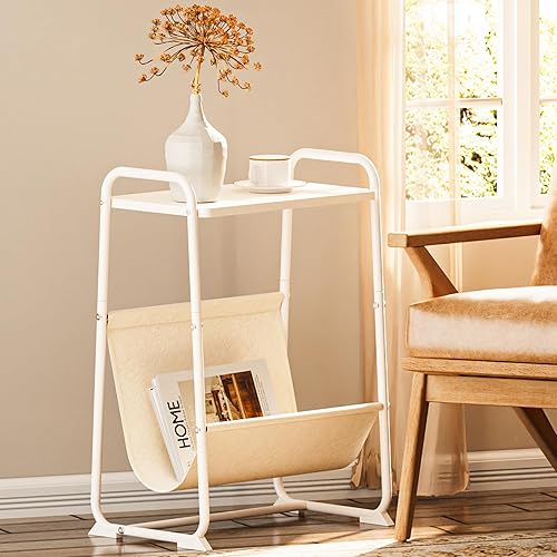 Miniatura 1 de Huuger Mesa auxiliar con eslinga de lino para revista, mesa auxiliar estrecha, mesita de noche pequeña, mesita de noche, para dormitorio, sala de