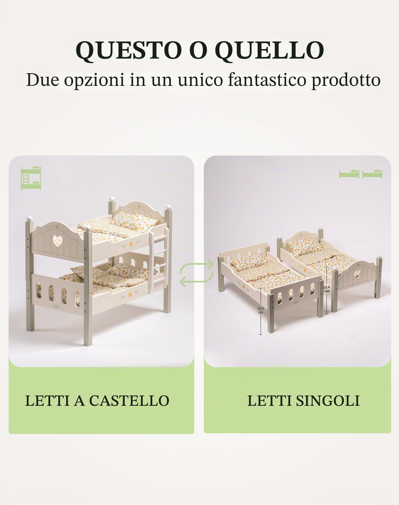 ROBUD Letto per bambole in legno, letto a castello, letto per bambole in legno, 43 cm, culla per bambole con scala e biancheria da letto, accessori per bambini, giocattoli per bambini per ragazze e