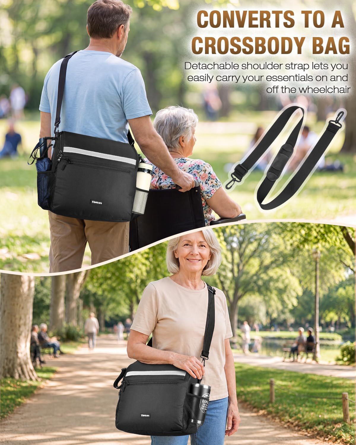 Tiptops Wheelchair Back Bag, Wheelchair Accessories Large Capacity Wheelchair Backpack with Laptop Storage Pocket, Crossbody Shoulder Bag, Wheel Chair Accessories Storage Bag