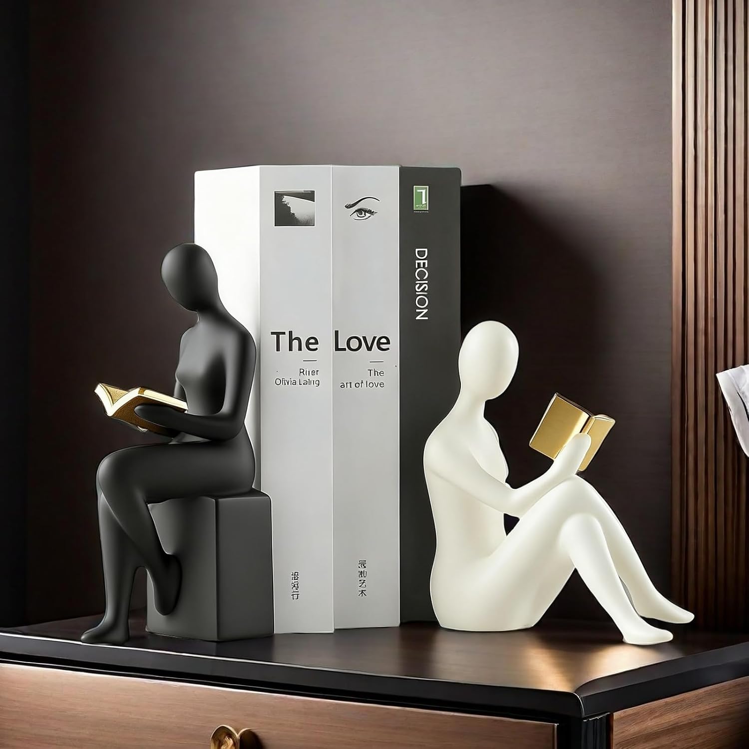 Home Decorative Reading Women Girl Statue Bookends Elegant Resin Bookshelf Room Office Desk Decor,Paper Weights, Book Ends,Bookend Supports, Book Stoppers, Set of 2 (Black and White)