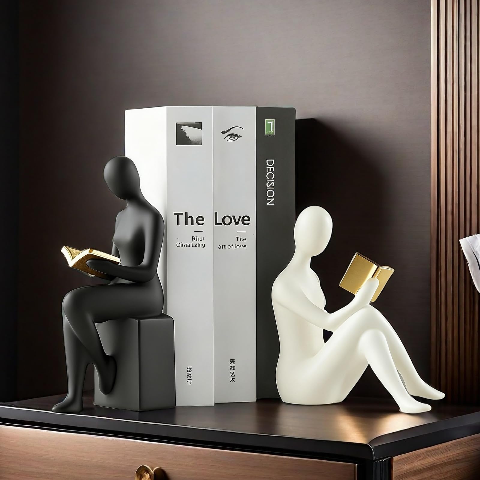 Fermalibri decorativi per la casa, con statua di donne e ragazze, elegante in resina, per libreria, ufficio, scrivania, fermalibri, set di 2 (bianco e nero)
