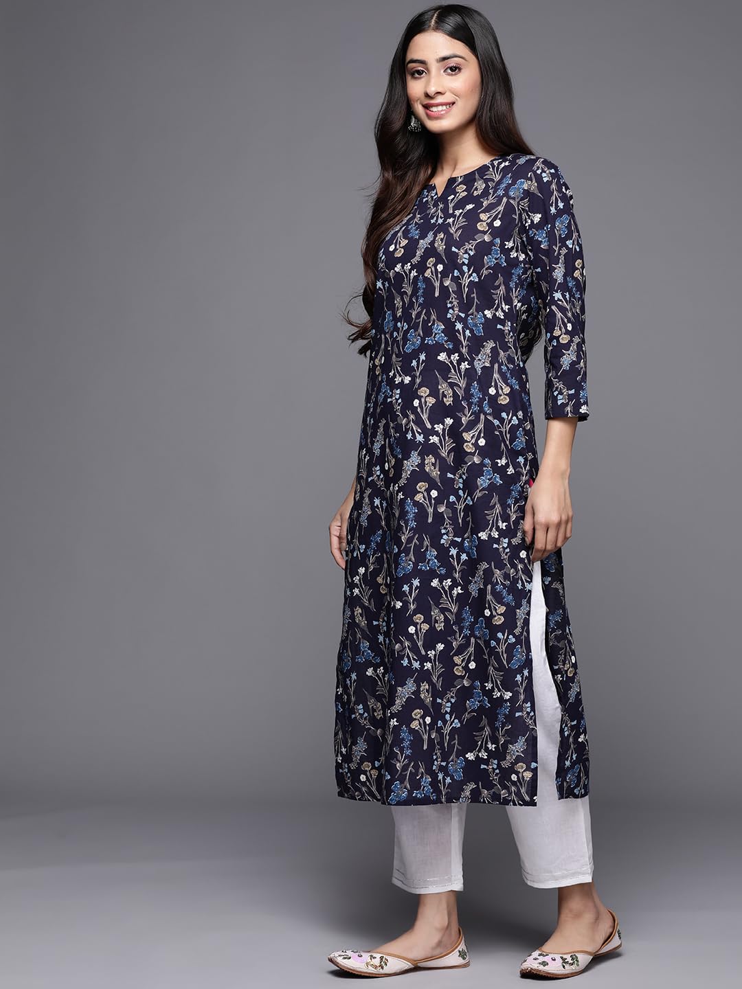 Varanga Womens Floral Printed Cotton Kurta With Navy Blue Color Best Fits For Office Wear, (Small)