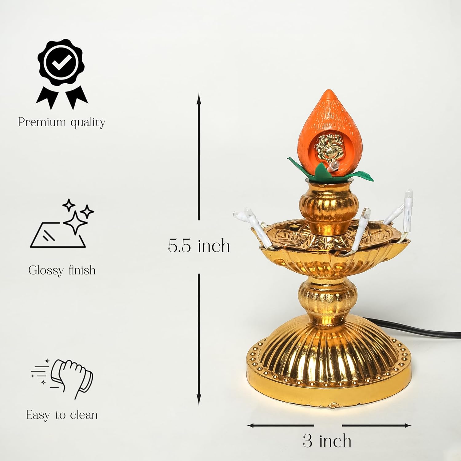 Electric Plastic Diya Lamp | Pooja Diya with LED Spark | Golden Electric Diya for Home Temple Décor | Mandir Diya for Diwali, Navratri & Festive Lighting (1 Layer, 1)