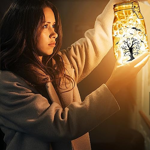 Miniatura 6 de CREATCABIN 24 piezas de siluetas de Halloween, decoración de tarros de albañil, farol de bruja, recortes láser, decoraciones de plástico para